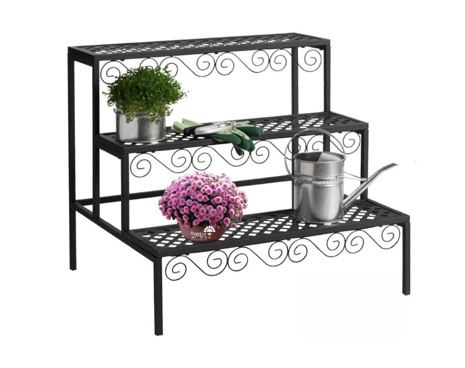 מעמד ברזל מעוטר מדורג לעציצים | 3 קומות | 70X60 | שחור | דגם 69A