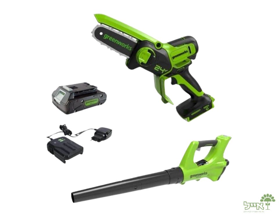 מסור שרשרת נטען + סוללה 2Ah + מטען מיקרו + מפוח עלים 24V