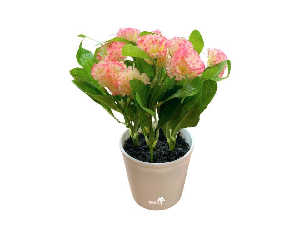 עציץ פרחים ורודים-לבנים מלאכותיים | 24 ס"מ | כד לבן