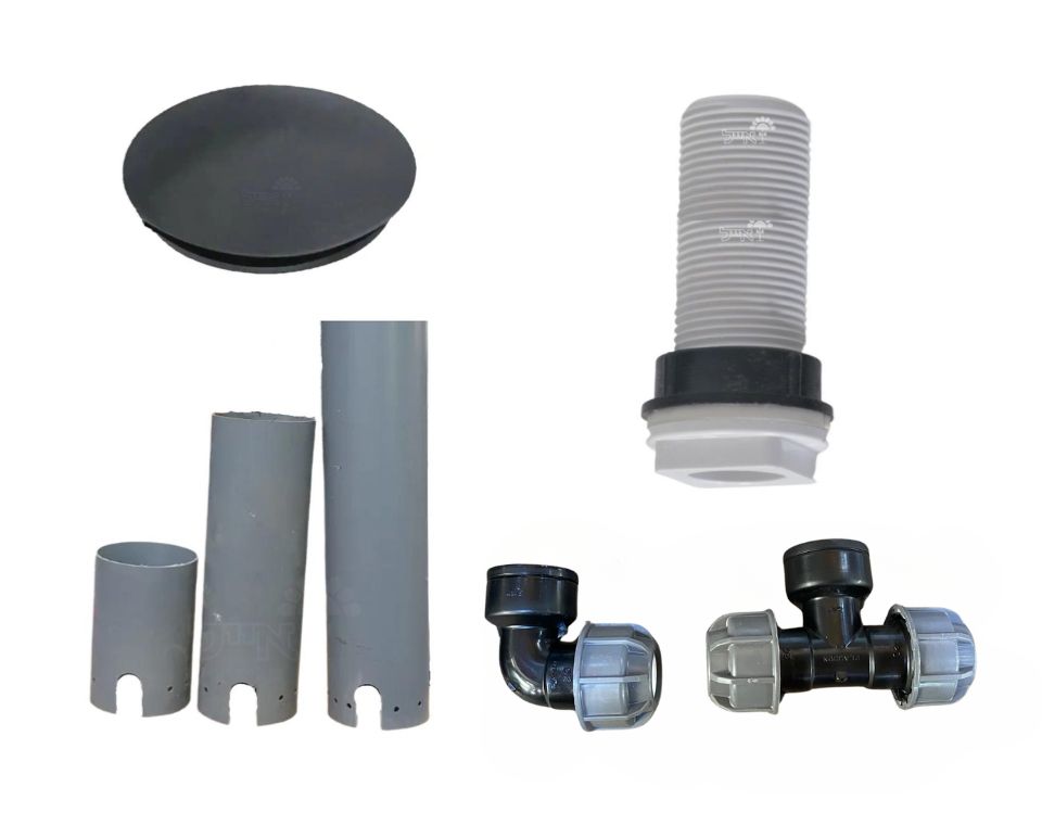 קיט ניקוז עבור אדניות/כדים הכולל מכלול לנקז +זווית/טי לנקז + צינור 4 צול + מכסה לצינור