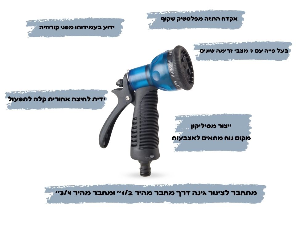 אקדח התזה פלסטיק שקוף | 7 מצבים | כחול | דגם aq7p