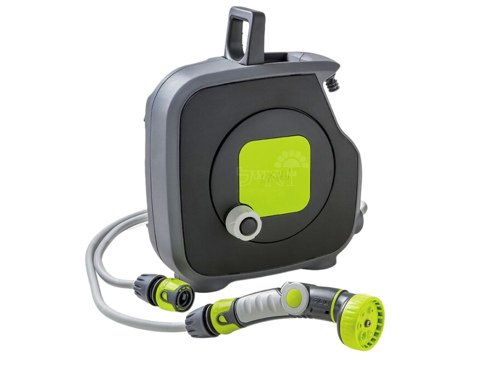 גלגלת השקיה | צבע ירוק | צינור 11.5 מטר | כולל אקדח וחיבורים