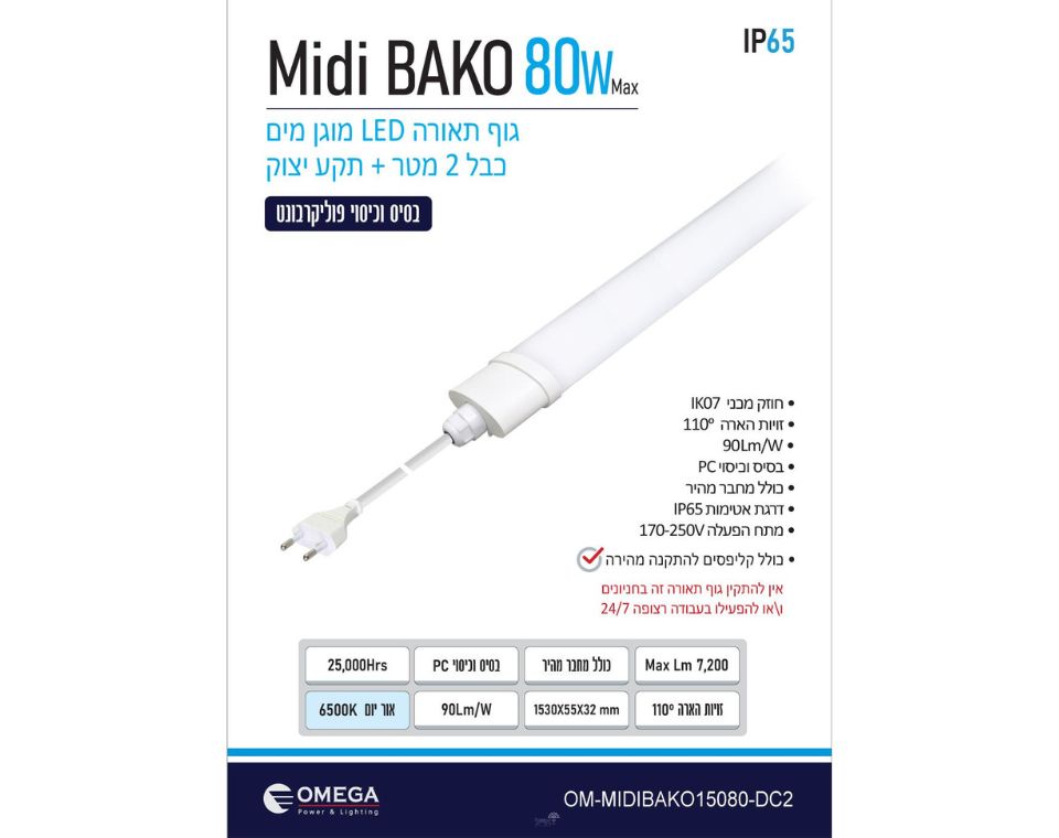 גוף תאורה מוגן מים | 80W | כולל כבל 2 מטר ותקע יצוק