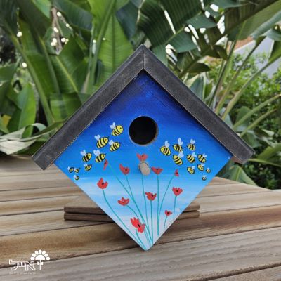 תיבת קינון לציפורים בעבודת אומן | 24X25 | דגם 805 - כלניות ודבורים