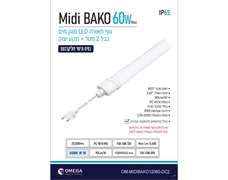 גוף תאורה מוגן מים | 60W | כולל כבל 2 מטר ותקע יצוק